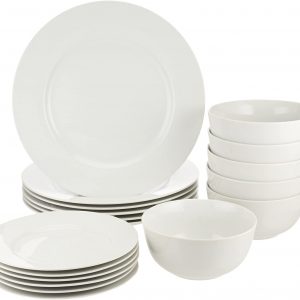 Amazon Basics 18-Piece Kitchen Dinnerware Set, Plates, Dishes, Bowls, Service for 6 - White