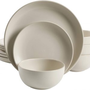 Gibson Home Rockaway Round Stoneware Dinnerware Set, Service for 4 (12pcs), Cream